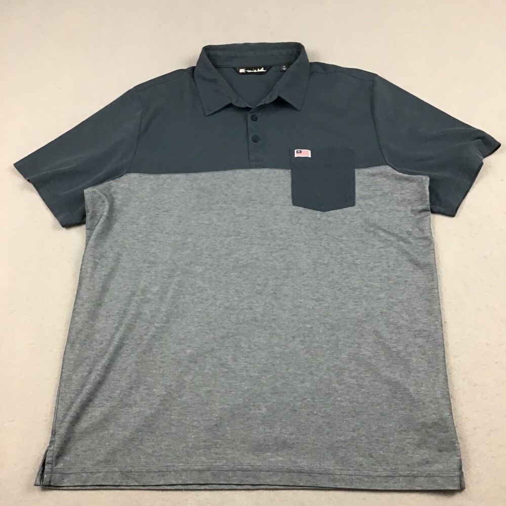 Travis Mathew Polo Shirt Men Extra Large Grey Stripe Golf Logo Pima USA Flag XL